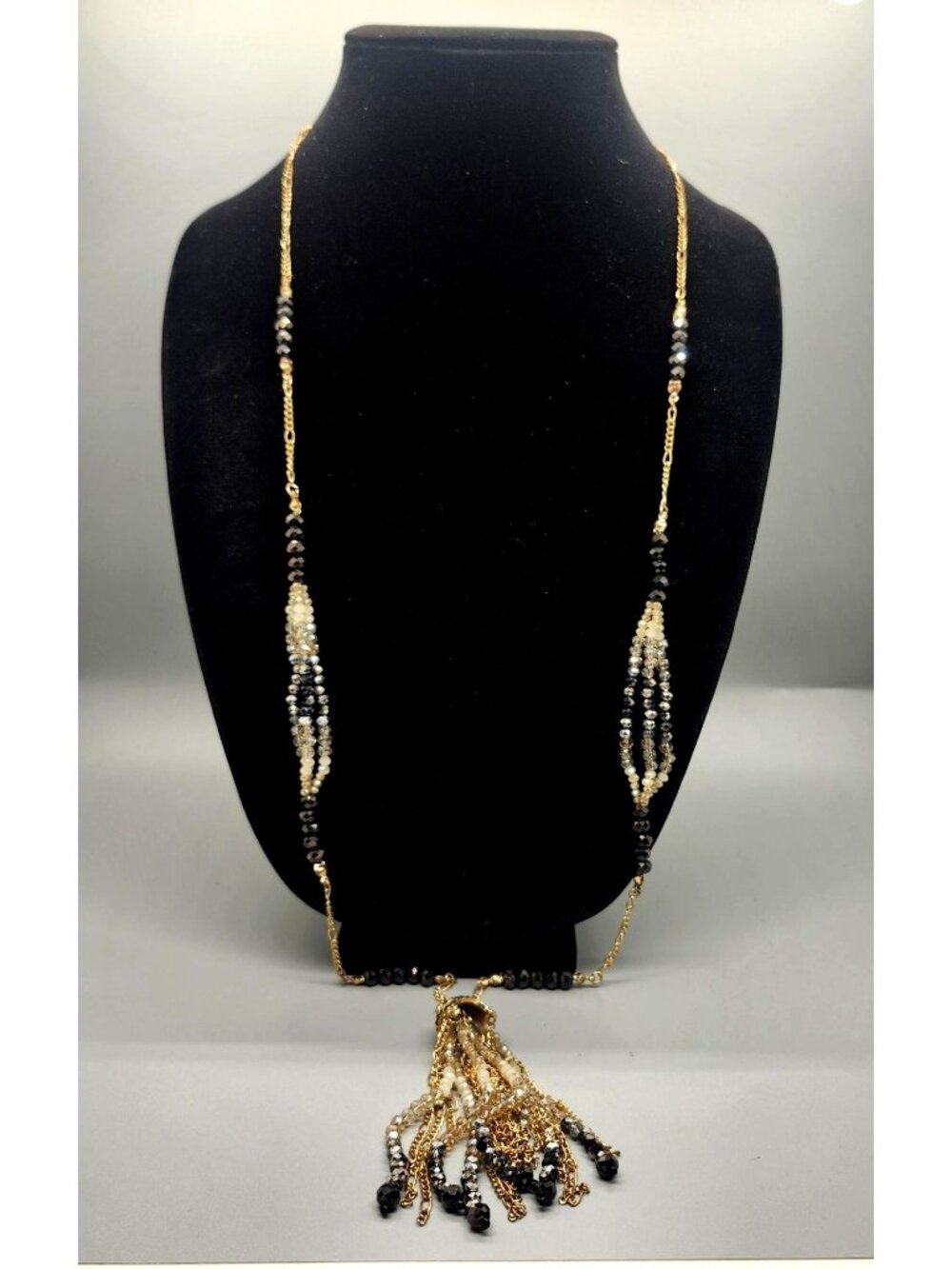 White House Black Market Gold & Black Beaded Statement Necklace With Tassel Pend